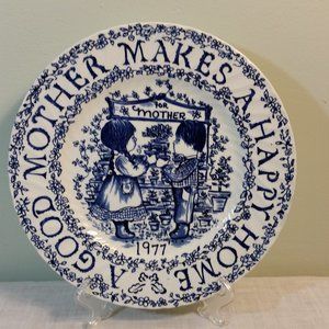 Vintage Royal Crownford Staffordshire Plate England Blue White Mother Happy Day